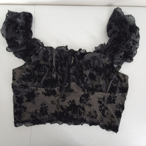 Black Floral Lace Mesh Milkmaid Top Plus Size 2XL Ruffle Flutter Sleeve Coquette - Picture 5 of 11